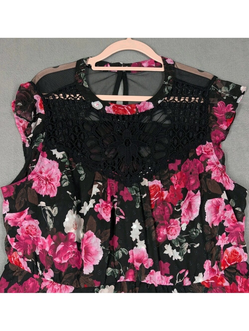 Torrid Womens 1X Black Pink Floral Lace Crochet Babydoll Blouse Sheer Plus Sizes